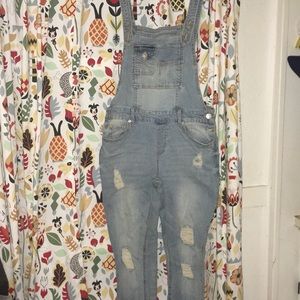 Blue Jean Overalls With Ripped Patches